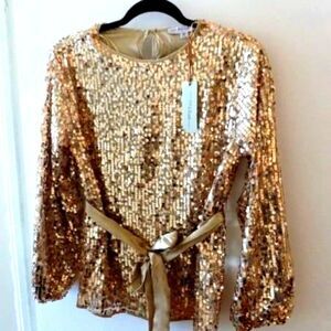 NEW YUNI Los Angeles Women Sequin Lady Sparkle Holiday Party Blouse with Sash